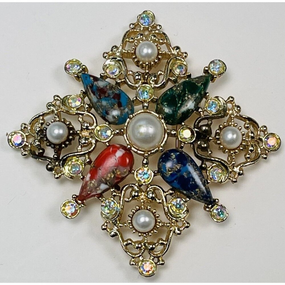 VTG 1962 SARAH COVENTRY 3" Goldtone Multicolor Galaxy Maltese Cross BROOCH Pin